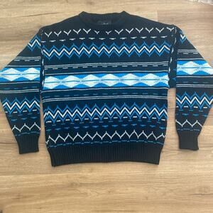 Vintage 80s Aspen Lid Blue Black White Nordic Acrylic Wool Knit Sweater sz Large